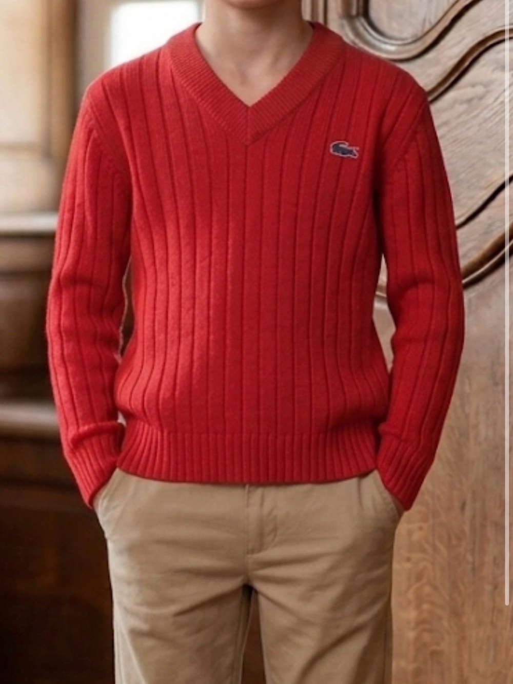 Vintage IZOD Lacoste Red Ribbed V-Neck Sweater Alligator